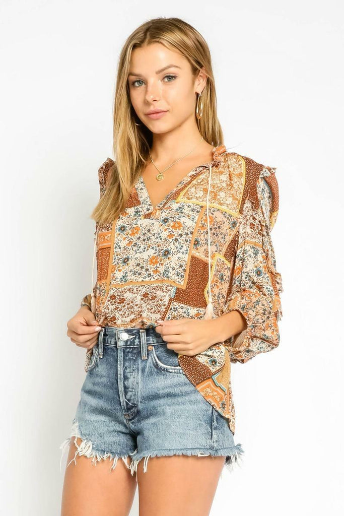 By Your Side Mustard Patchwork Print Top -  BohoPink