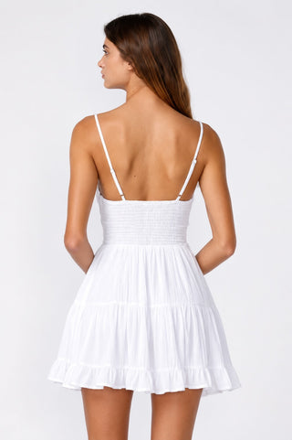White bustier mini dress with cami straps and tiered ruffle skirt - Back view