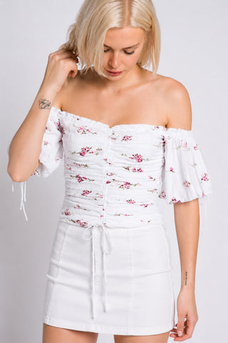 Summer Garden Purple and White Floral Print Off-the-Shoulder Top - Detailed View