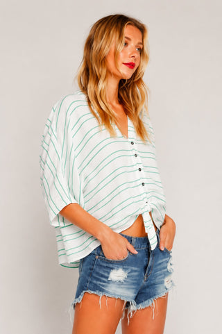 Succulent White and Green Embroidered Tie-Front Top - Side View