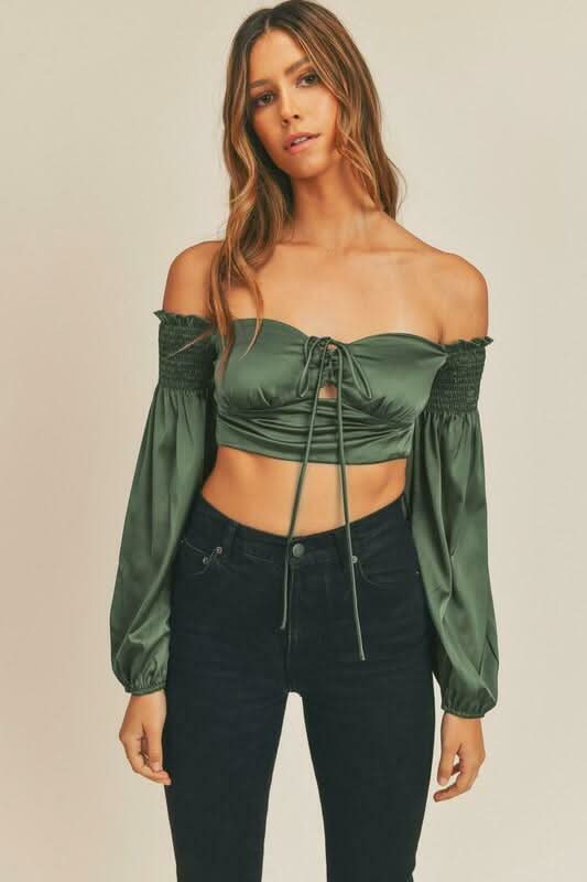 Green Satin Long Sleeve Crop Top