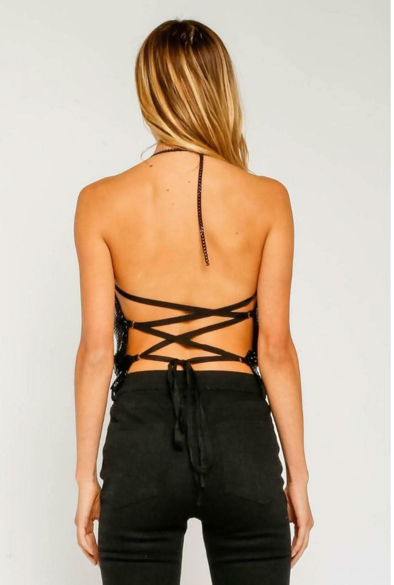 Black Metallic Cowl Neck Backless Halter Top