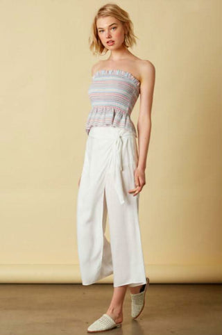 White wrap front wide leg pants