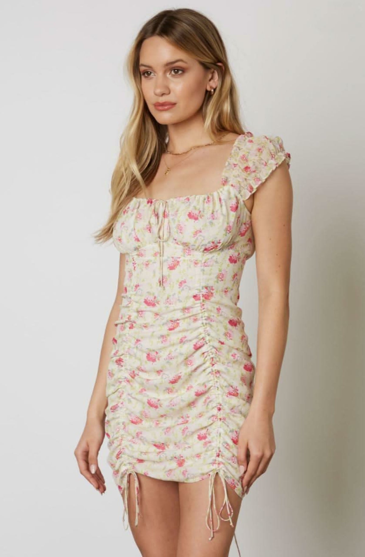 Cream Floral Ruched Drawstring Mini Dress | Boho Pink Cream Floral Ruched Drawstring Mini Dress | Boho Pink