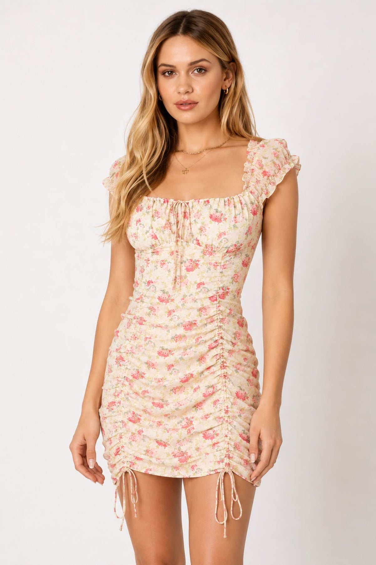 flower bodycon dress Lavender & White Hawaiian Flowers Aloha Made in USA Content + Care 96% Polyester 4% Spandex Machine Wash Cold Model Measurement Wearing a Size 2X Height Women's Black Textured Woven Floral