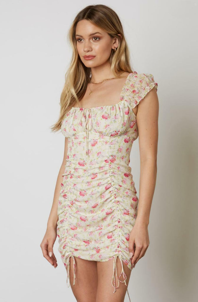 Early Spring Cream Floral Ruched Drawstring Bodycon Dress -  BohoPink