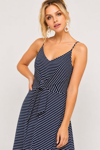 Consider This Navy Blue and White Striped Maxi Tank Dress -  Close-Up View