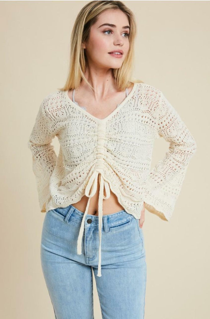 Cream Crochet Bell Sleeve Sweater 