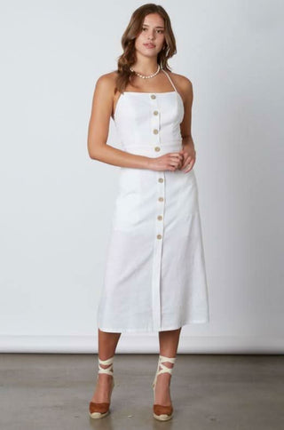 White summer midi dress with open tie-back detail