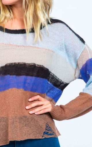 blue multi stripe sweater ripped detail close up knit texture