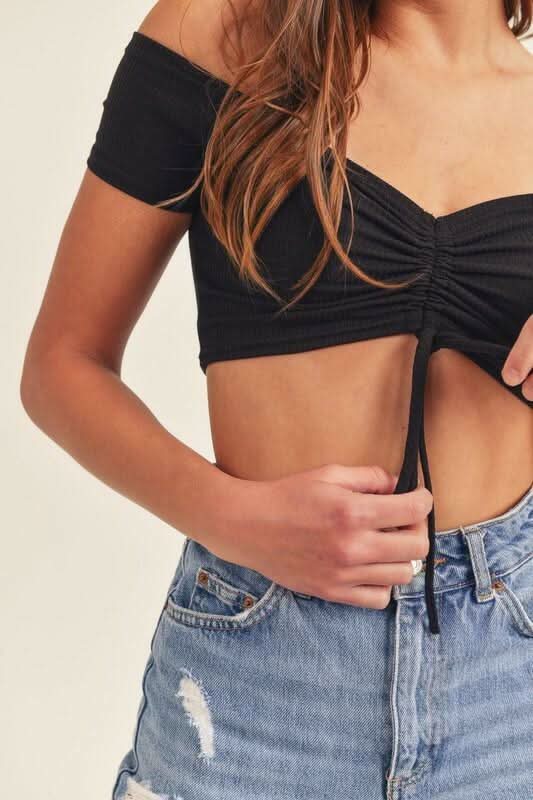 Bailey Black Drawstring Off-the-Shoulder Crop Top -  BohoPink