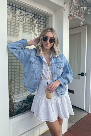 White Cotton Eyelet Fabric Detail - Blair Mini Dress Styled with Denim Jacket