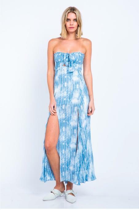 Blue and White Boho Print Strapless Maxi Dress