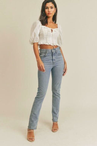 Kimberly White Square Neck Puff Sleeve Crop Top styled with skinny jeans and hig heel sandals