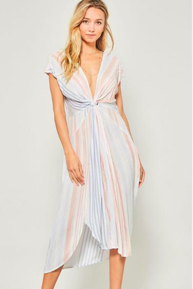 By The Sea Blue Striped Knotted Midi Dress -  BohoPink