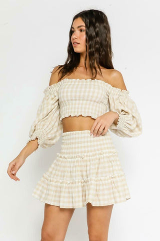 XOXO Khaki Gingham Smocked Off-the-Shoulder Dress Set - Front Angle View