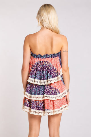 Summer Fields Blue and Blush Floral Print Strapless Two-Piece Set - Back View