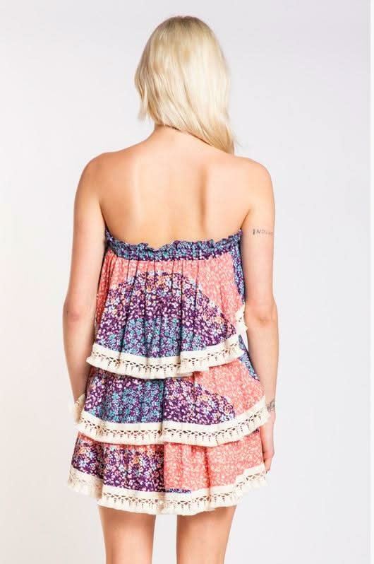 Summer Fields Blue and Blush Floral Print Strapless Two-Piece Set - Back View