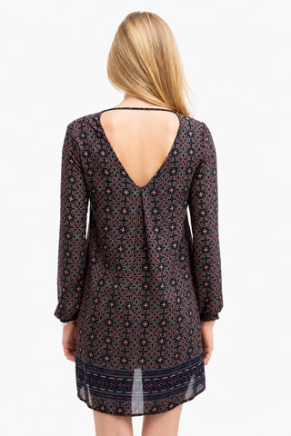 Hampton's Navy and Brown Boho Print Shift Dress - Back View