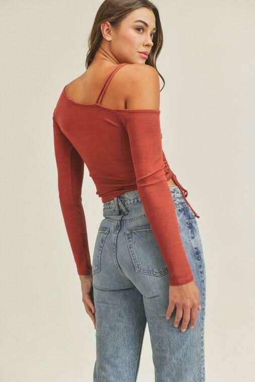 Lush Angie Mahogany One Shoulder Ruched Crop Top -  BohoPink