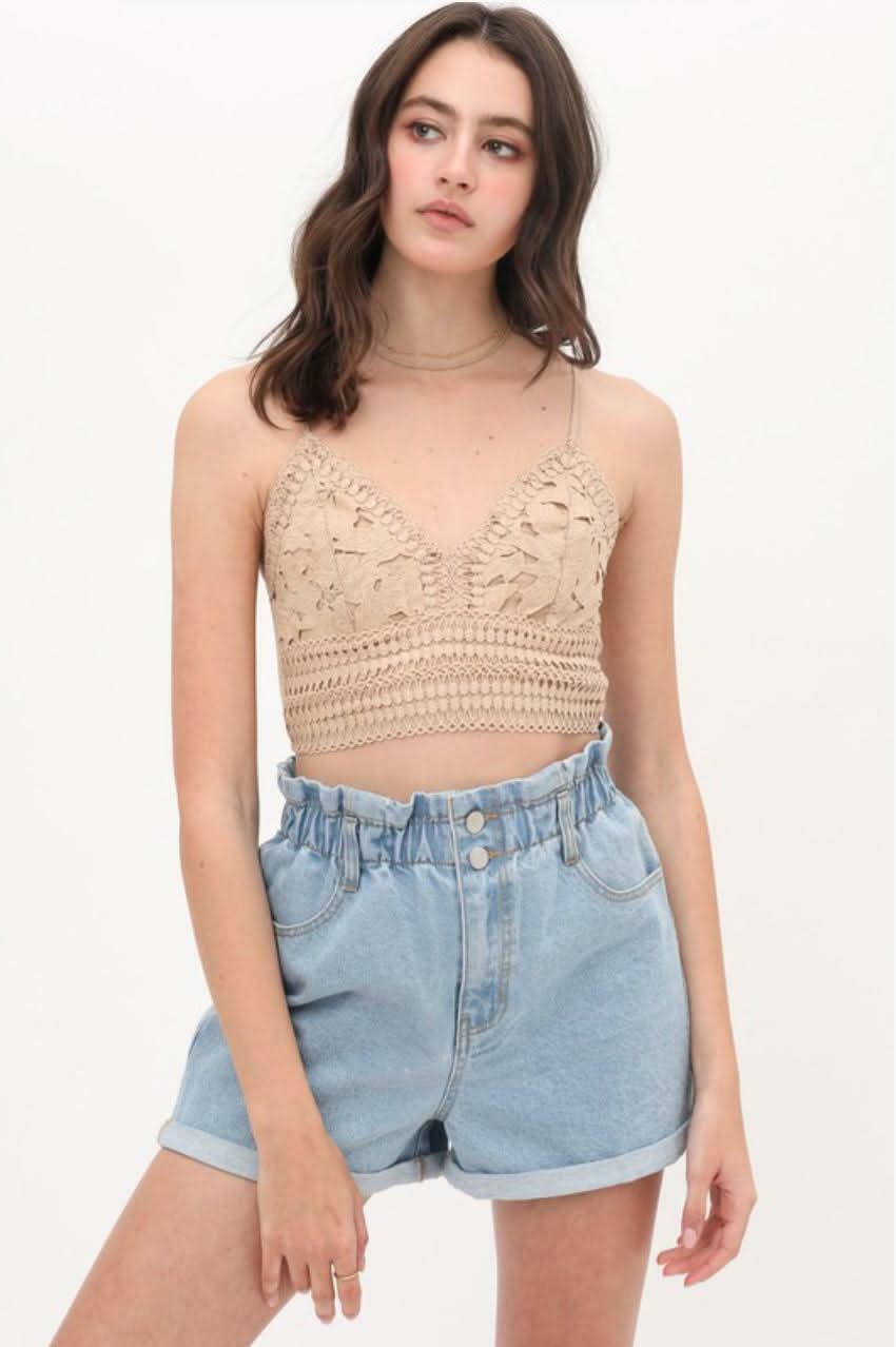 Becca Khaki Crochet Lace Crop Top -  BohoPink