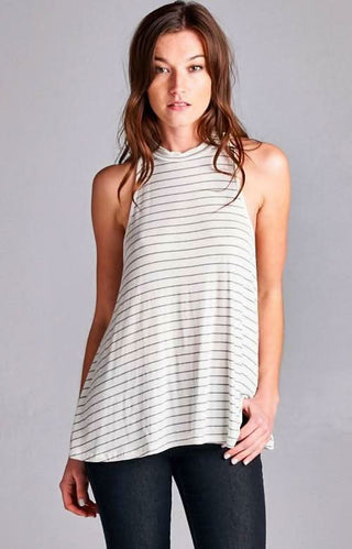 Walk The Line Ivory Striped Mock Neck Swing Top - Front View