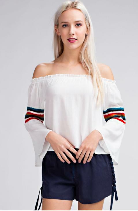 White Off-the-Shoulder Crochet Sleeve Top