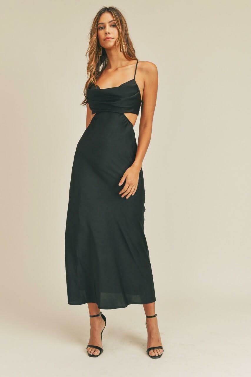 Black Satin Dress - Cutout Waist Midi Dress | Boho Pink Black Satin Dress - Cutout Waist Midi Dress | Boho Pink