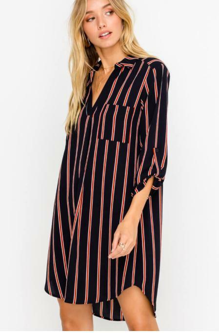 From the City Navy and Rust Striped Shirt Dress -  BohoPink