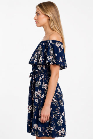 Bloom Zeal Navy Floral Print Off-The-Shoulder Ruffle Dress - Side View
