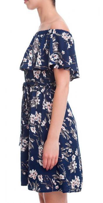 Navy Floral Print Off-The-Shoulder Ruffle Dress