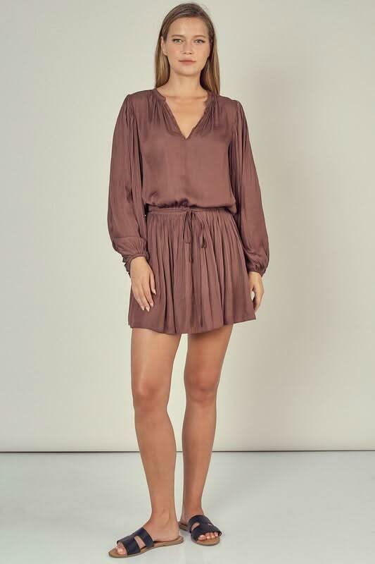 Truffle Balloon Sleeve Mini Dress Silky V-Neck Pleated Party Dress Mustard Seed | Size S Truffle Balloon Sleeve Mini Dress Silky V-Neck Pleated Party Dress Mustard Seed | Size S