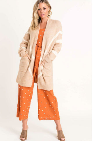 Cozy Dreams Taupe Chevron Striped Knit Cardigan - Outfit View