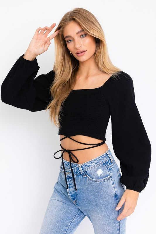 Every Moment Black Smocked Puff Sleeve Crop Top -  BohoPink