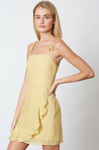 Yellow embroidered stripe mini dress outfit