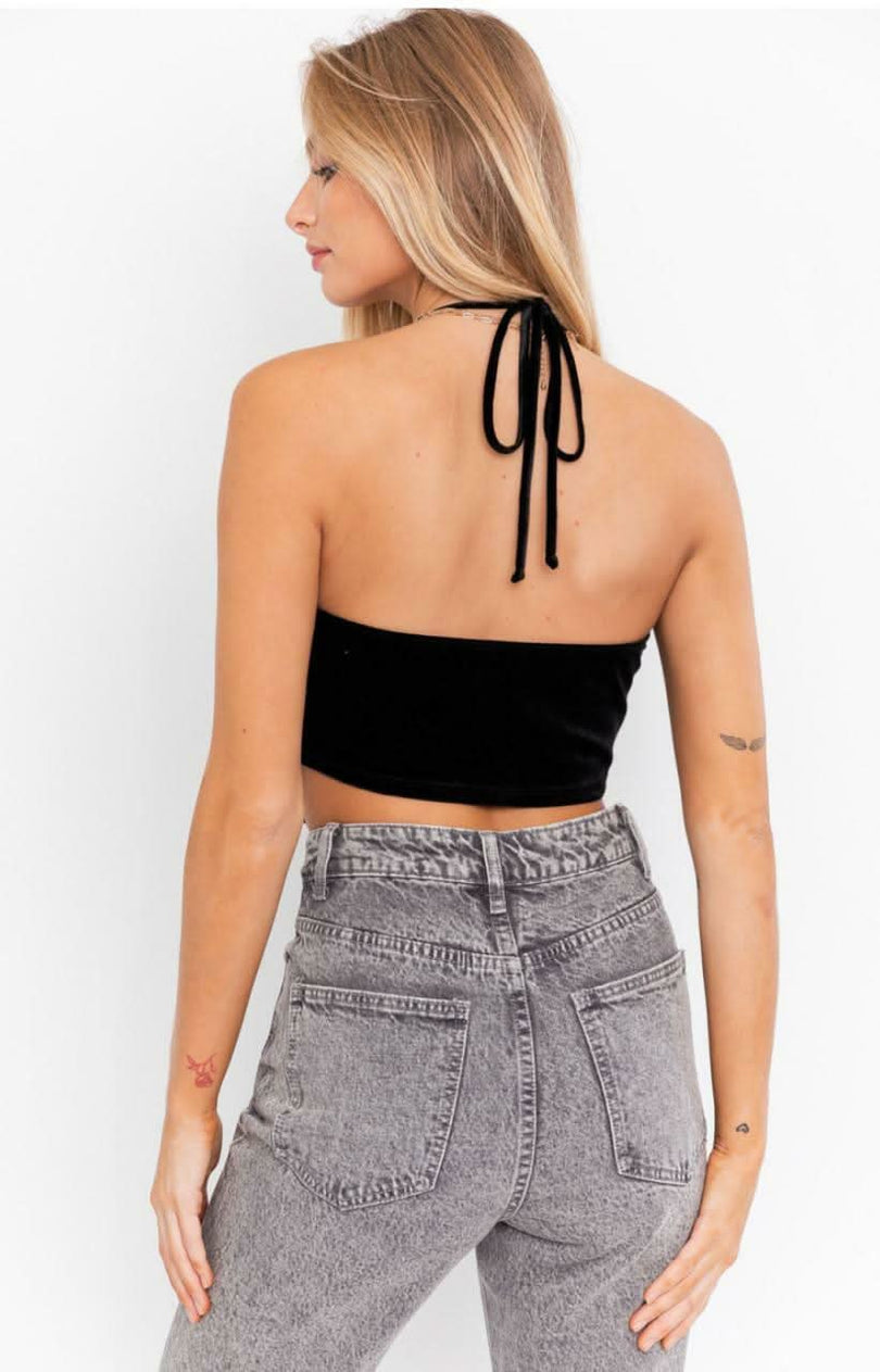 Clara Black Velvet Halter Crop Top -  BohoPink