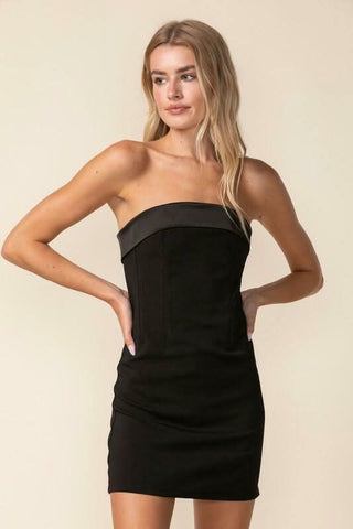 strapless black mini dress with corset bodice