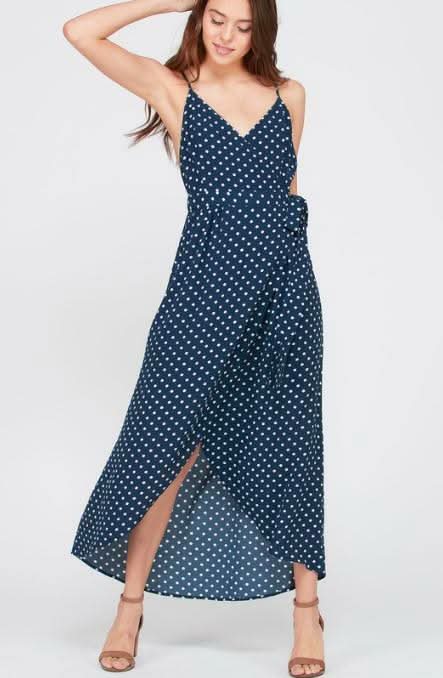 long polka dot dress Dorothea Navy Blue Polka Dot Backless Maxi Dress - Size M - Lightweight Wrap Bodice with High Low Hem