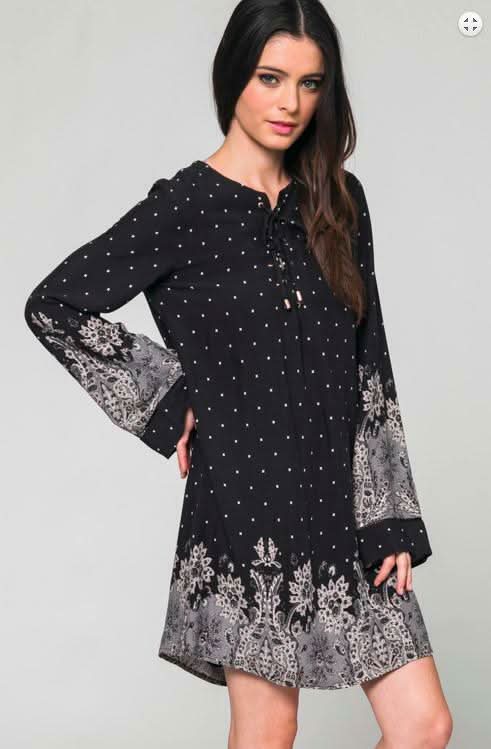 Honey Belle Ashbury Black Floral Print Bell Sleeve Shift Dress - Size L Honey Belle Ashbury Black Floral Print Bell Sleeve Shift Dress - Size L