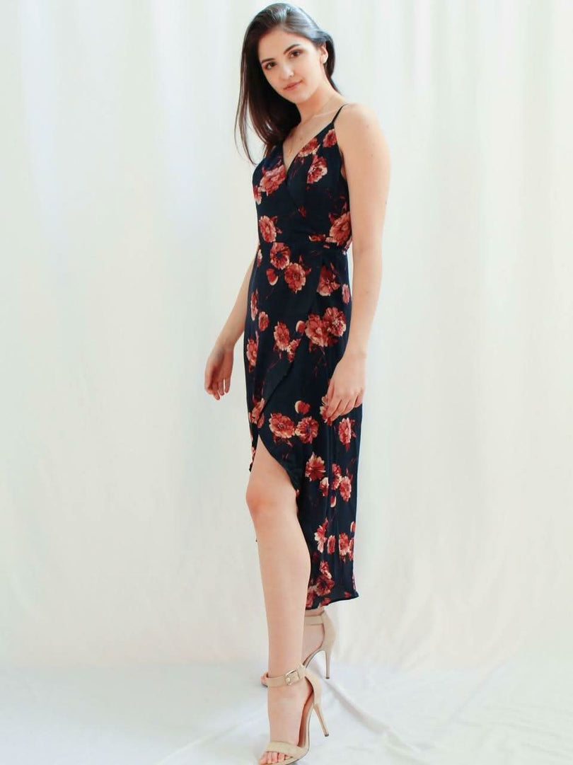 Navy Floral Satin Maxi Dresses