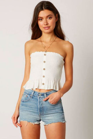 White smocked peplum tube top with button-front detail