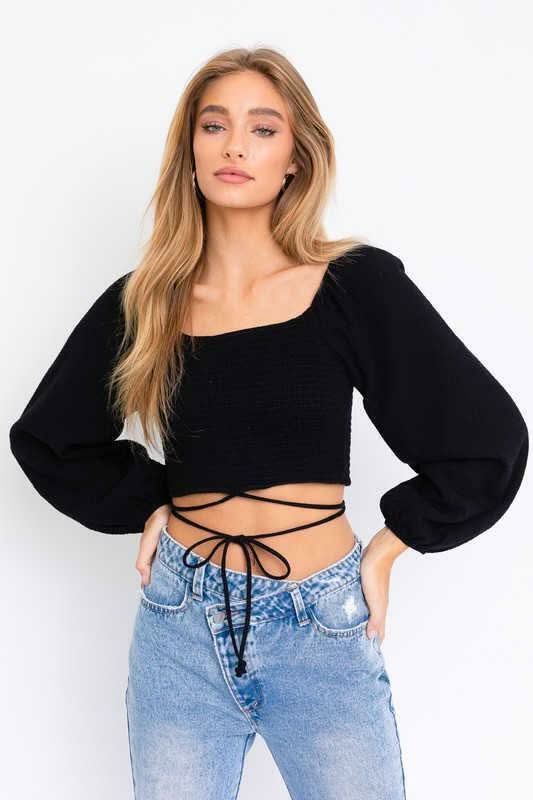 Every Moment Black Smocked Puff Sleeve Crop Top -  BohoPink