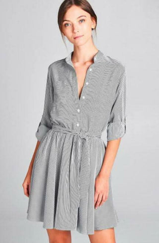 Emily Black and White Striped Skater Shirt Dress front