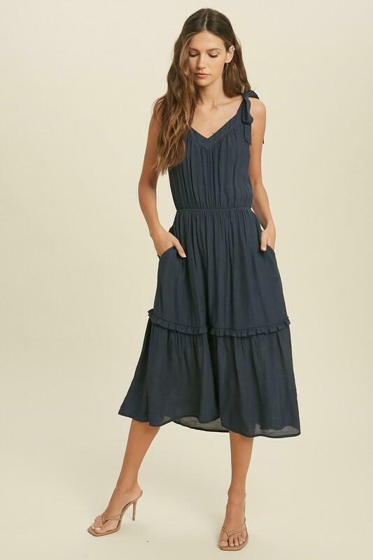 Navy Blue Tie Strap Midi Dress