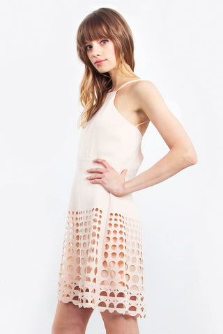 Side profile of a pink graduation dress featuring laser-cut detailing and adjustable straps