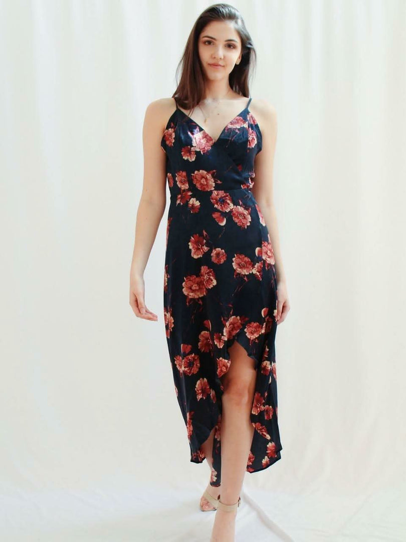 Heidi Navy Satin Floral Wrap Dress -  BohoPink