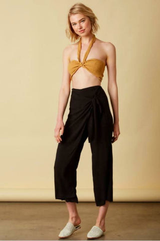 Black lightweight cropped pants with side tie