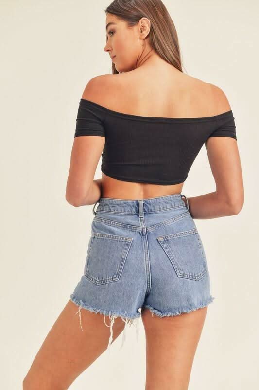 Bailey Black Drawstring Off-the-Shoulder Crop Top -  BohoPink