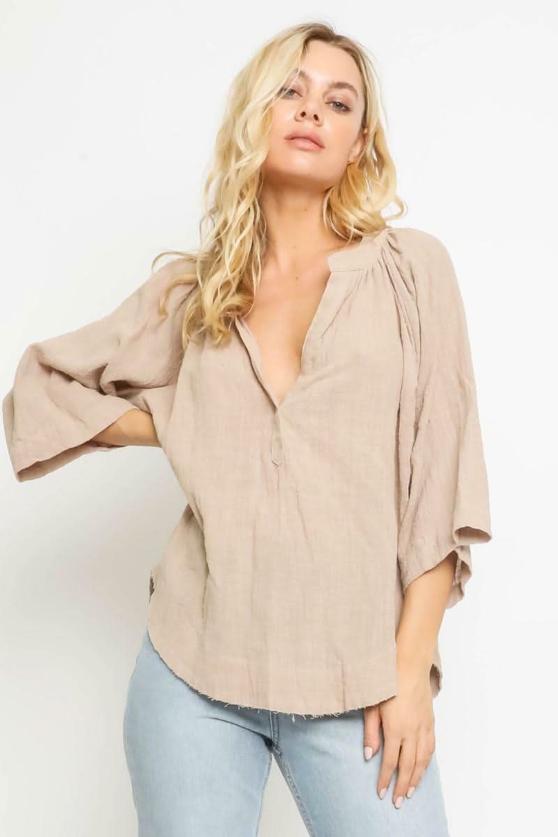 Tan Three-Quarter-Sleeve Top 