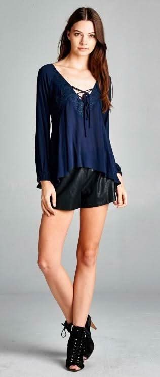 Love Yourself Navy Lace-Up Blouse -  BohoPink